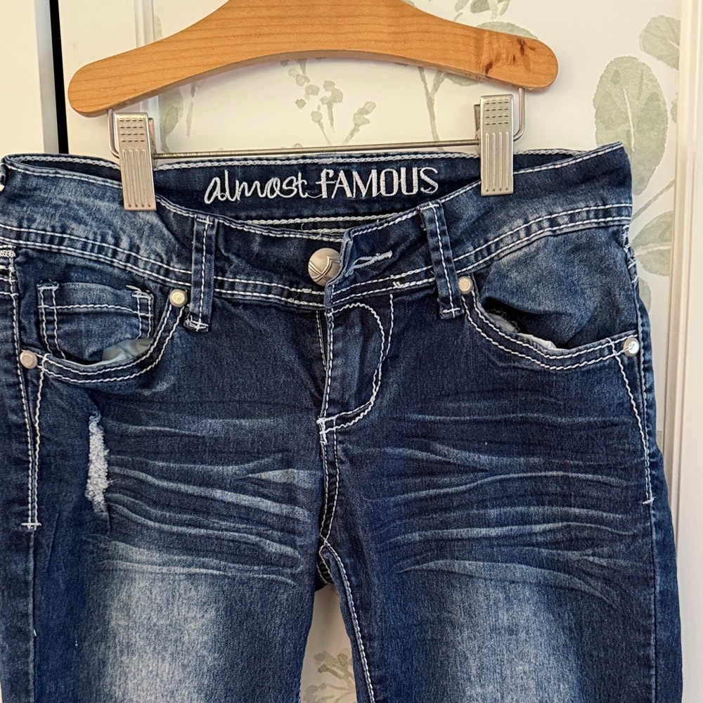 Almost Famous Women's Distressed Dark Blue High Rise Jeans